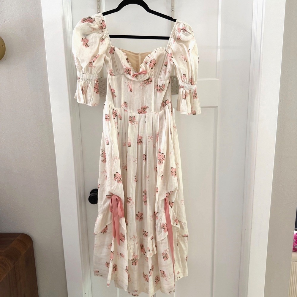 LaceMade French Style Rose Corset Midi Dress Floral Pink Cottagecore S Coquette